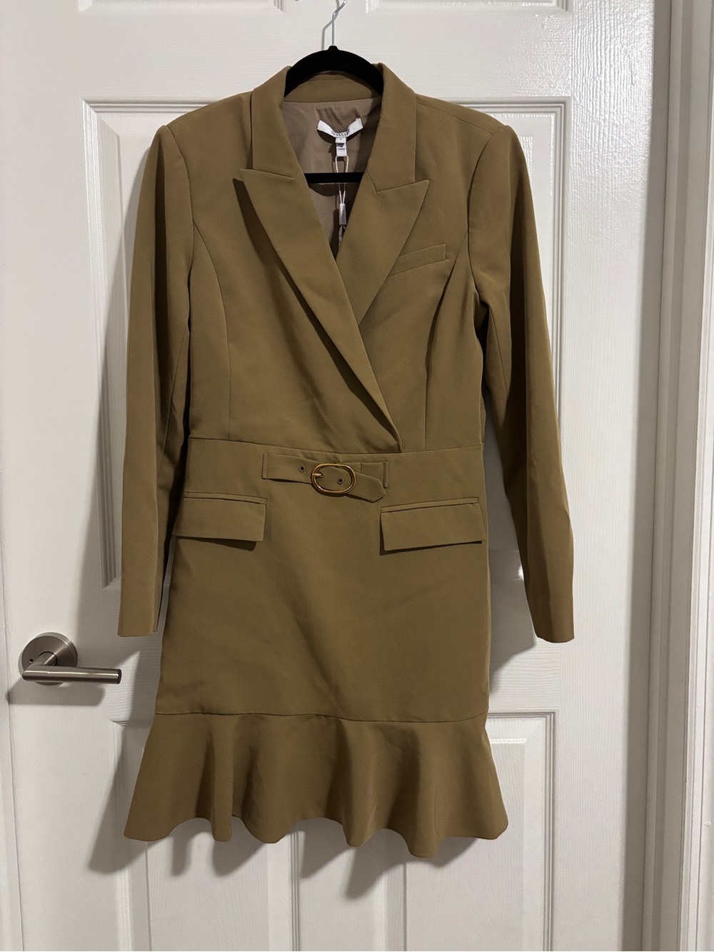 Size 8 NWOT Derek Lam Crosby Tailored Belted Ruffle-Hem Dress in Camel